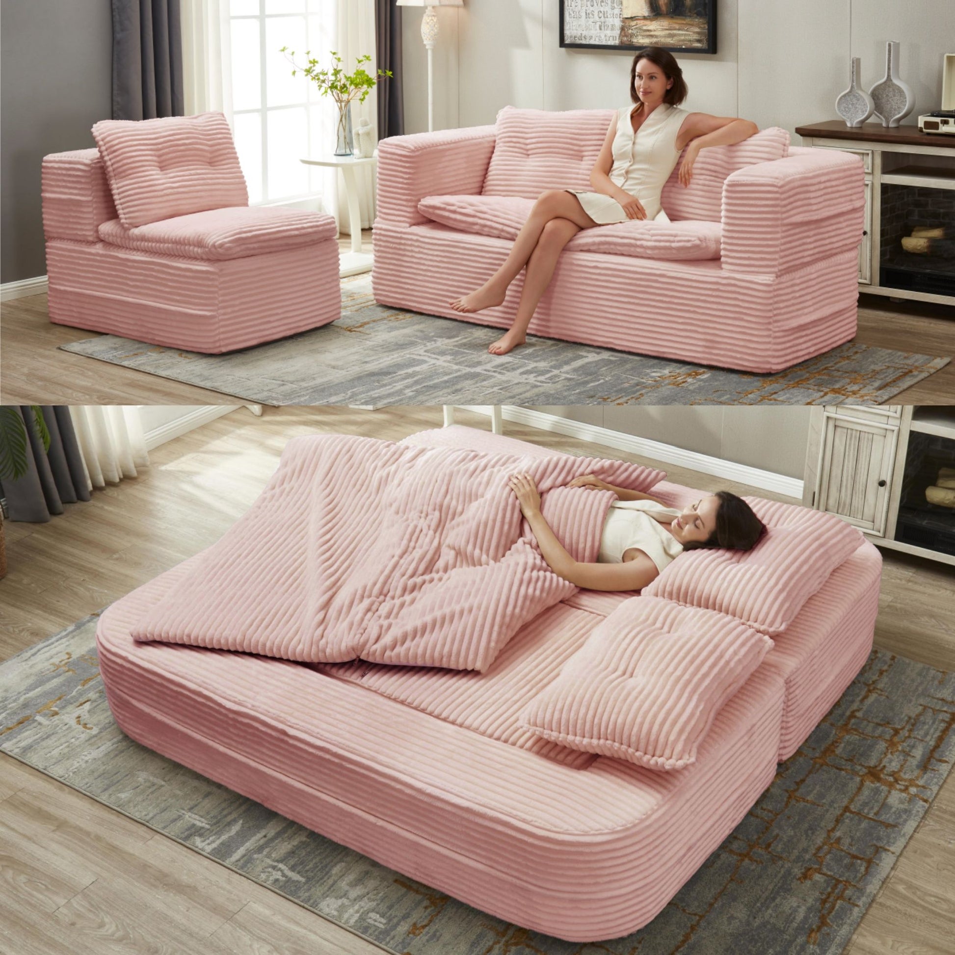 Multi Functional Sectional Sofa Bed With Independent Chaise Lounge And Functional Blanket, Convertible King Size Bed, Deep Seat - Baby Pink Home Essentials