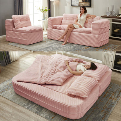 Multi Functional Sectional Sofa Bed With Independent Chaise Lounge And Functional Blanket, Convertible King Size Bed, Deep Seat - Baby Pink Home Essentials