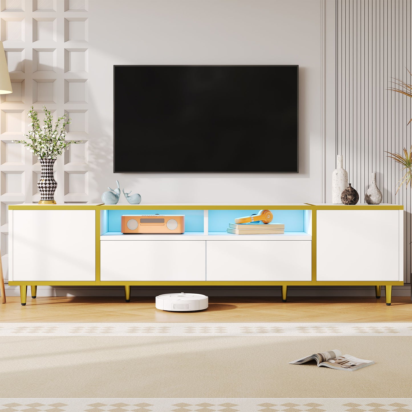 TV Stand For TVs Up To 80", Entertainment Center With 2 Shelves And LED Lights Hearth and Haven