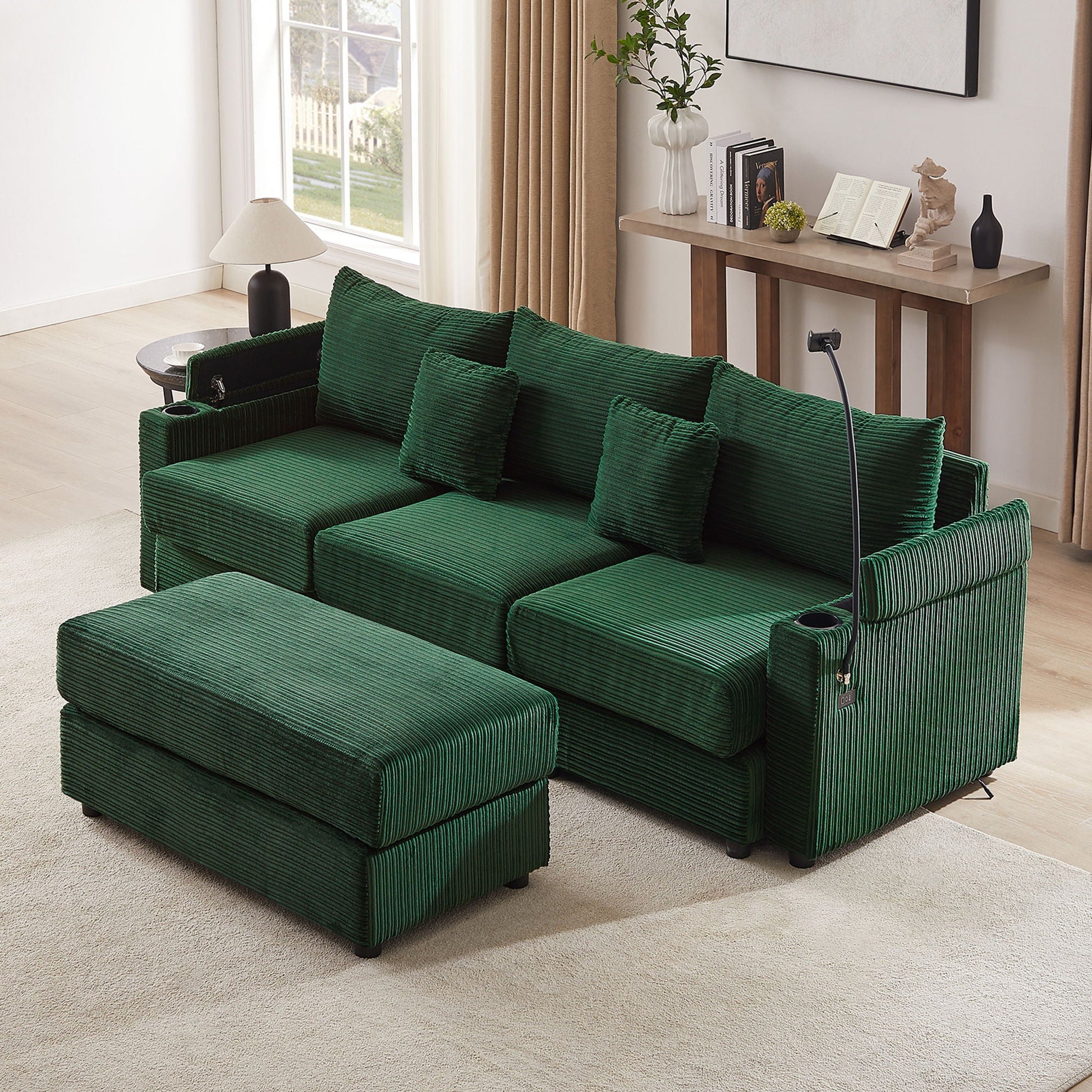 Modern Style Loveseat Sofa Sectional Sofa Couch With Storage Space, A Movable Ottoman, Two USB Ports, Two Cup Holders, A Phone Holder For Living Room Hearth and Haven