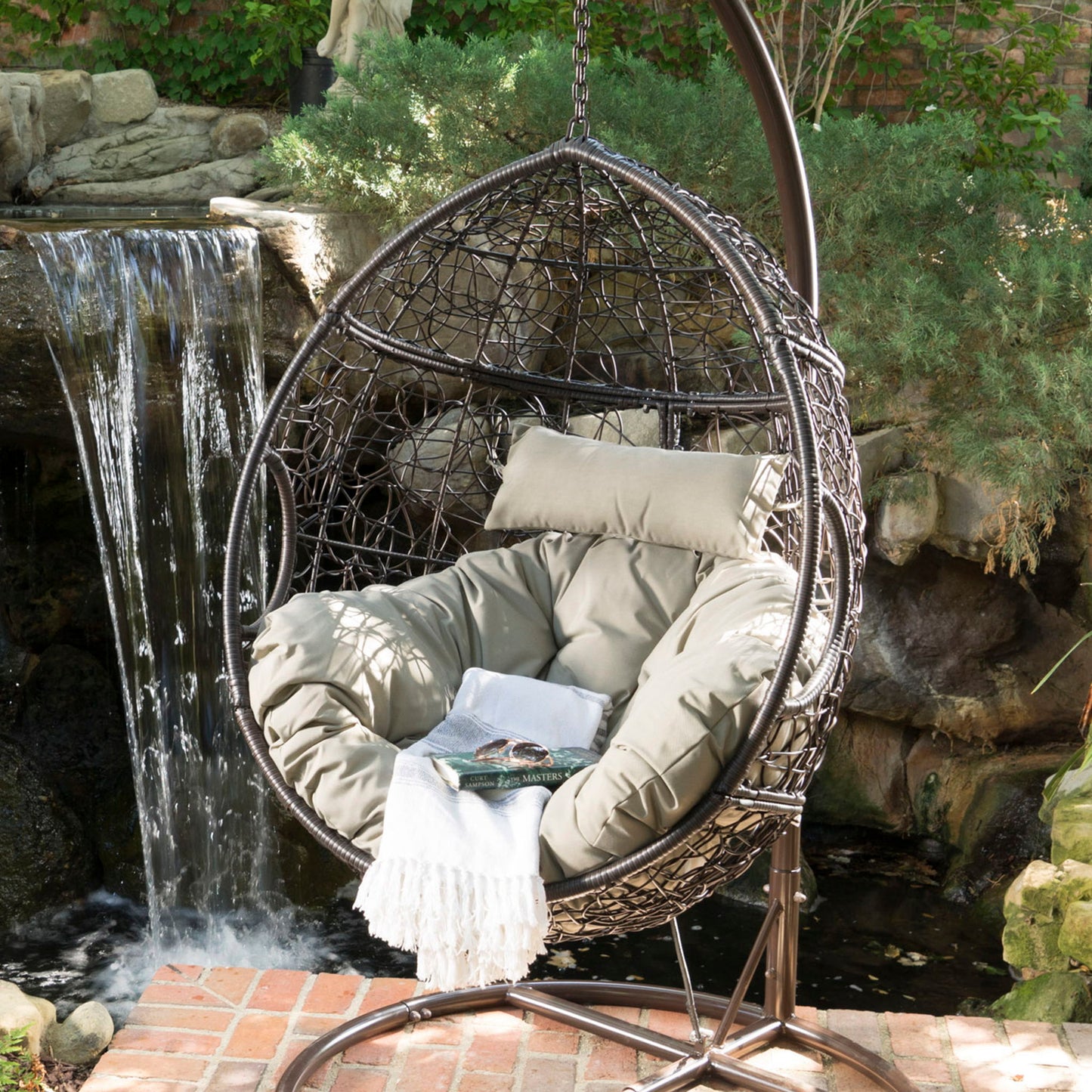 Kylie - Boho Style Hanging Basket Chair Rattan With Water Resistant Cushions Noble House