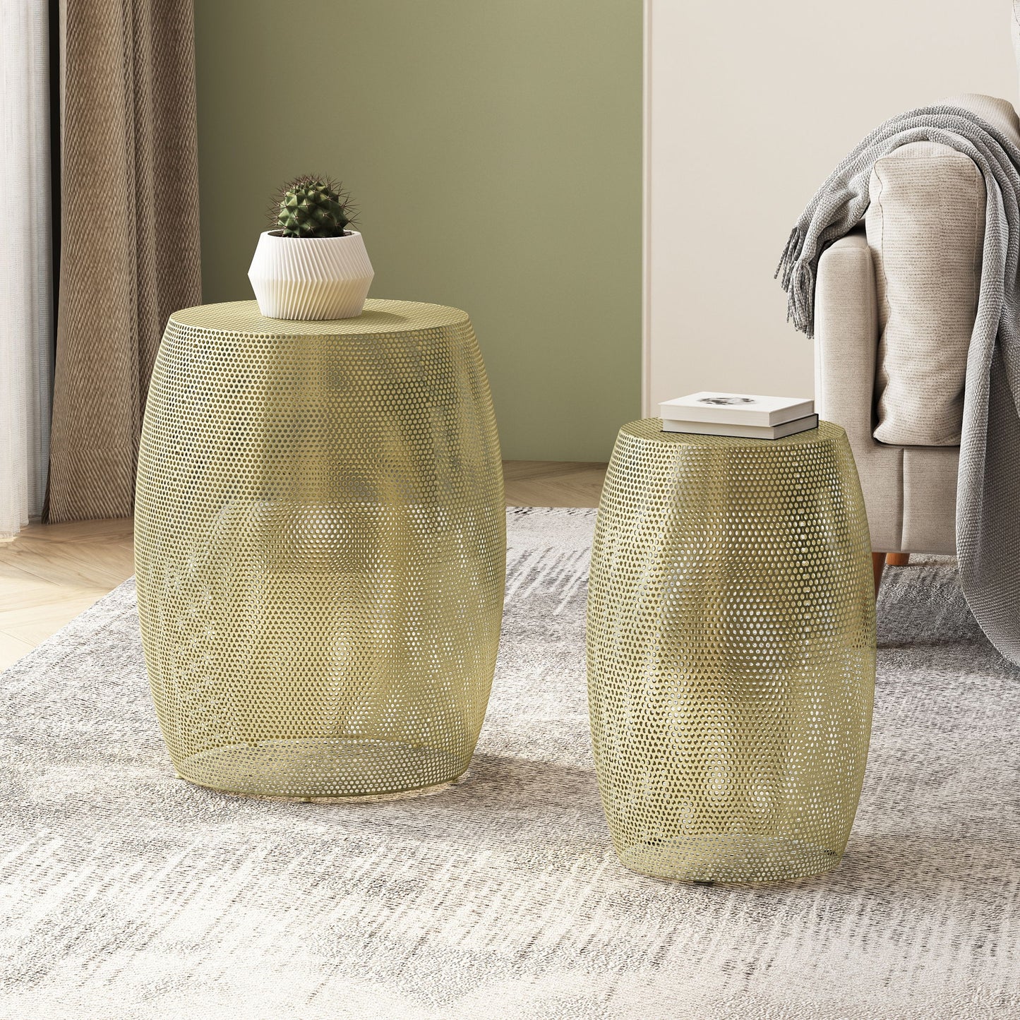 Modern Round Metal Hollow Side Table Set With Openwork Design - Gold Noble House