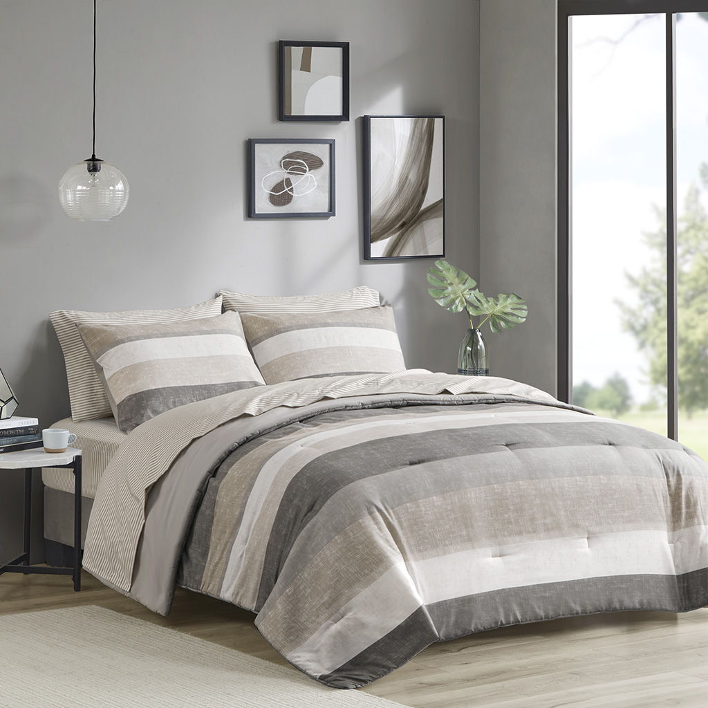 Jaxon - Stripe Queen Comforter Set With Bed Sheets - Taupe/Gray Madison Park Essentials