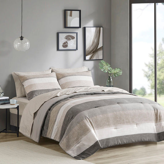 Jaxon - Stripe Queen Comforter Set With Bed Sheets - Taupe/Gray Madison Park Essentials