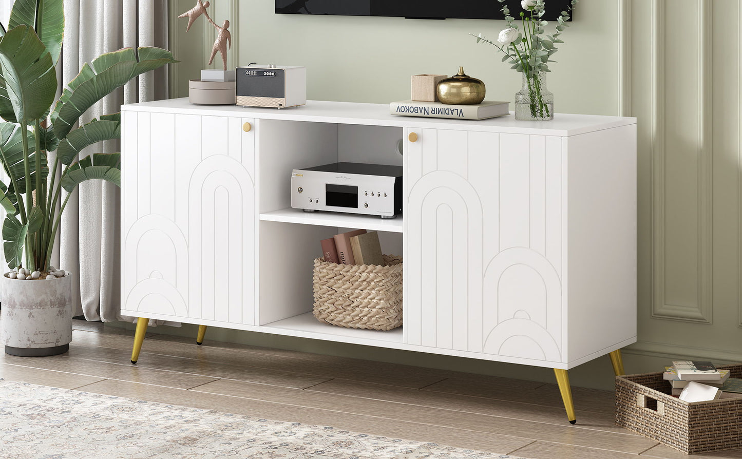 Modern TV Stand With Adjustable Shelf, Handles And Anti-Tip Device Hearth and Haven