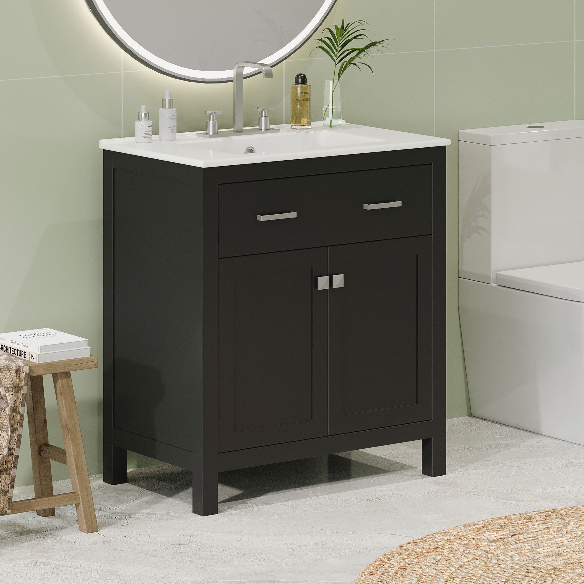 Bathroom Vanity With Ceramic Sink, Modern Single Bathroom Cabinet With 2 Doors And A Shelf, Soft Close Doors Hearth and Haven