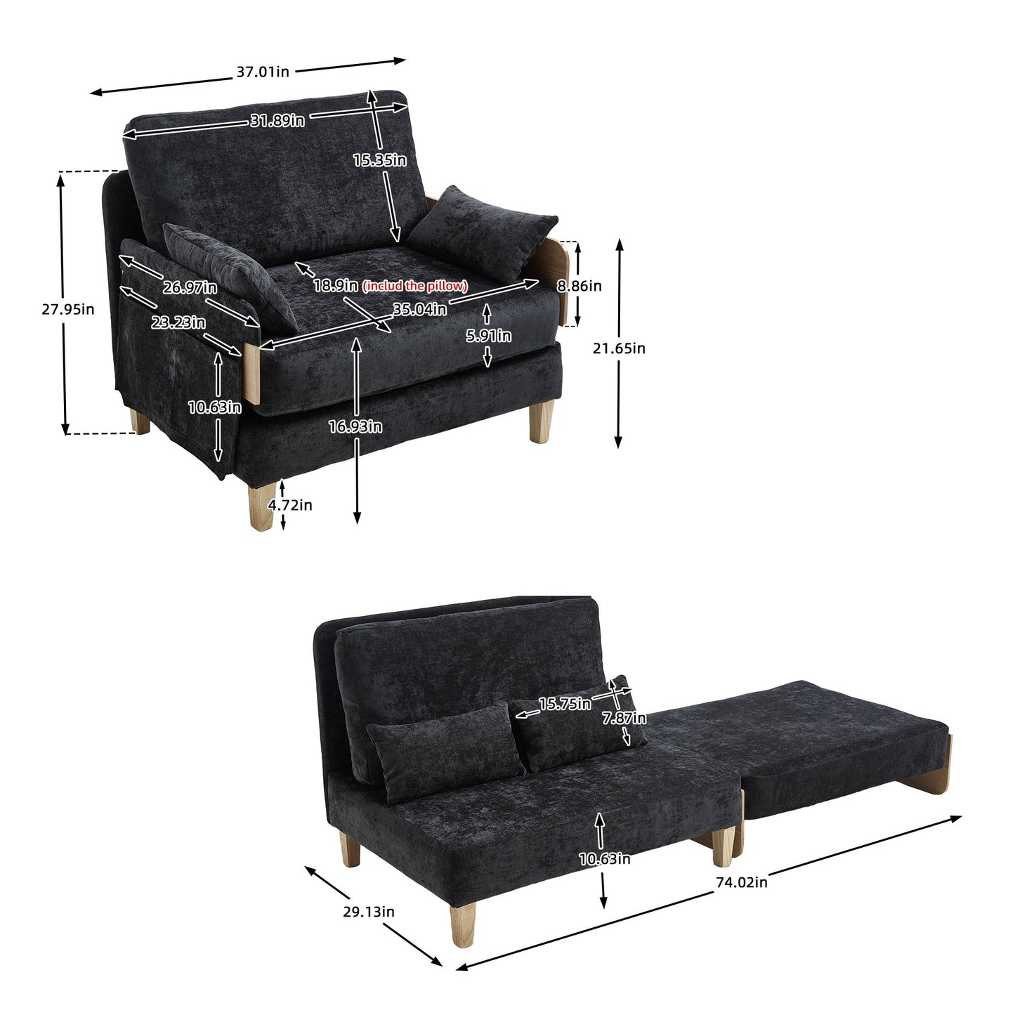 Mid Century Modern Foldable Sofa Bed, 3 In 1 Convertible Sleeper With 3 Pillows Home Essentials