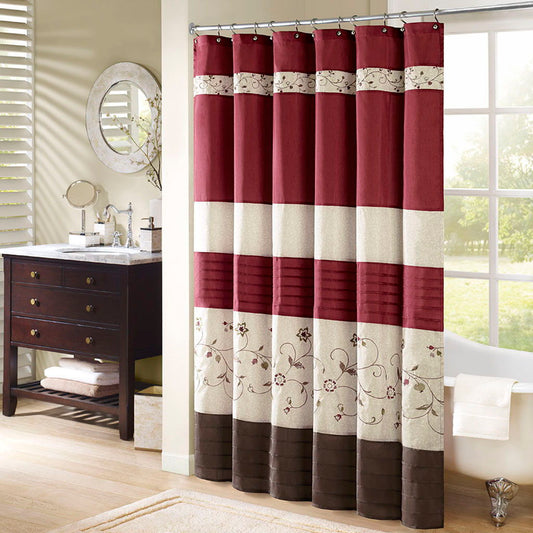 Serene - Embroidered Floral Shower Curtain - Red