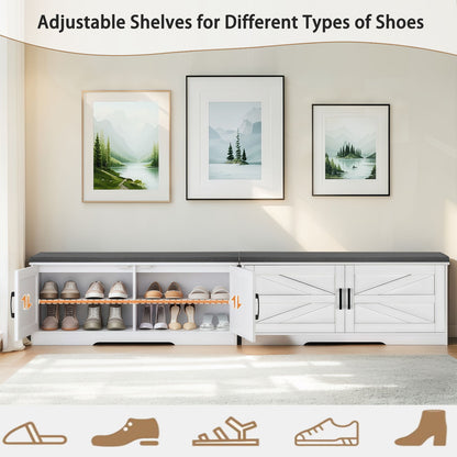 2 Tier Shoe Bench With Padded Seat, 2 Barn Doors And Adjustable Shelves, For Entryway And Living Room - White Daily Nest