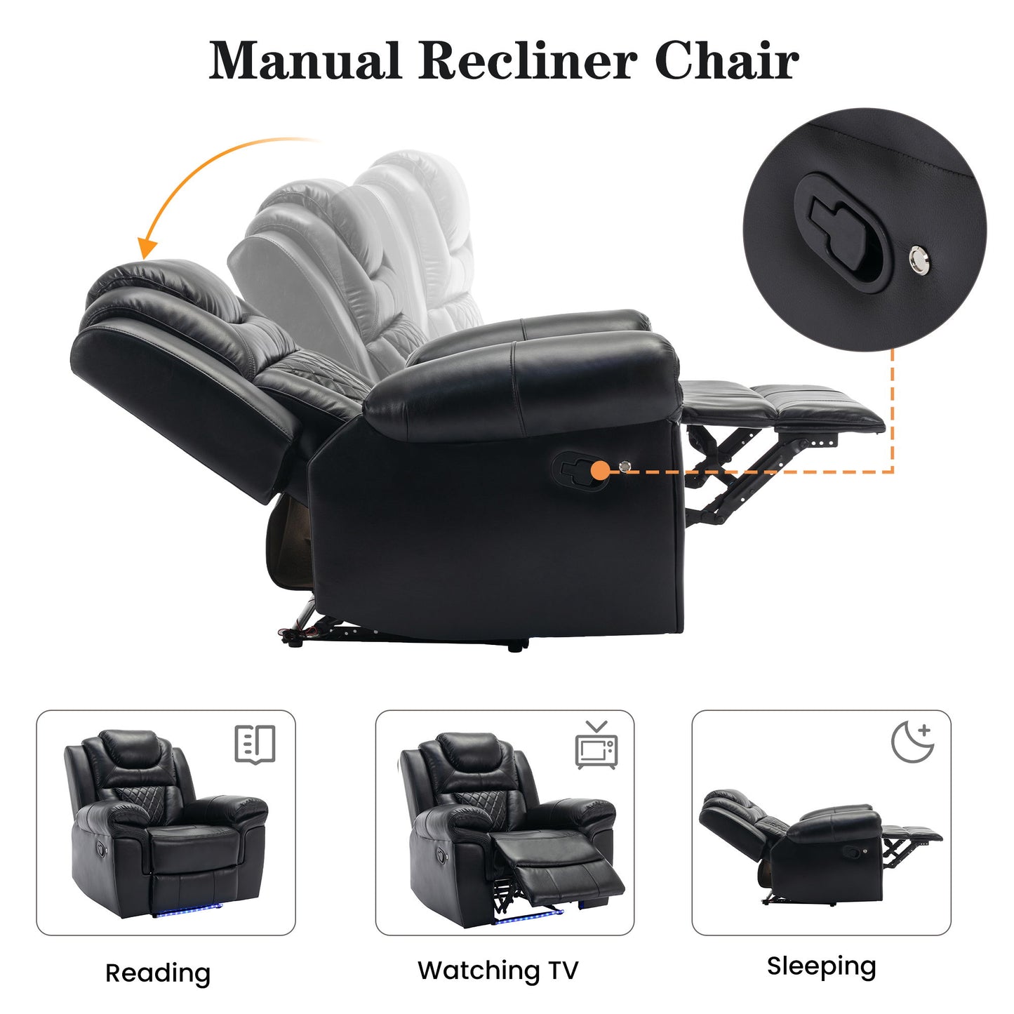 Home Theater Seating Manual Recliner Chair With Center Console And Led Light Strip For Living Room Hearth and Haven