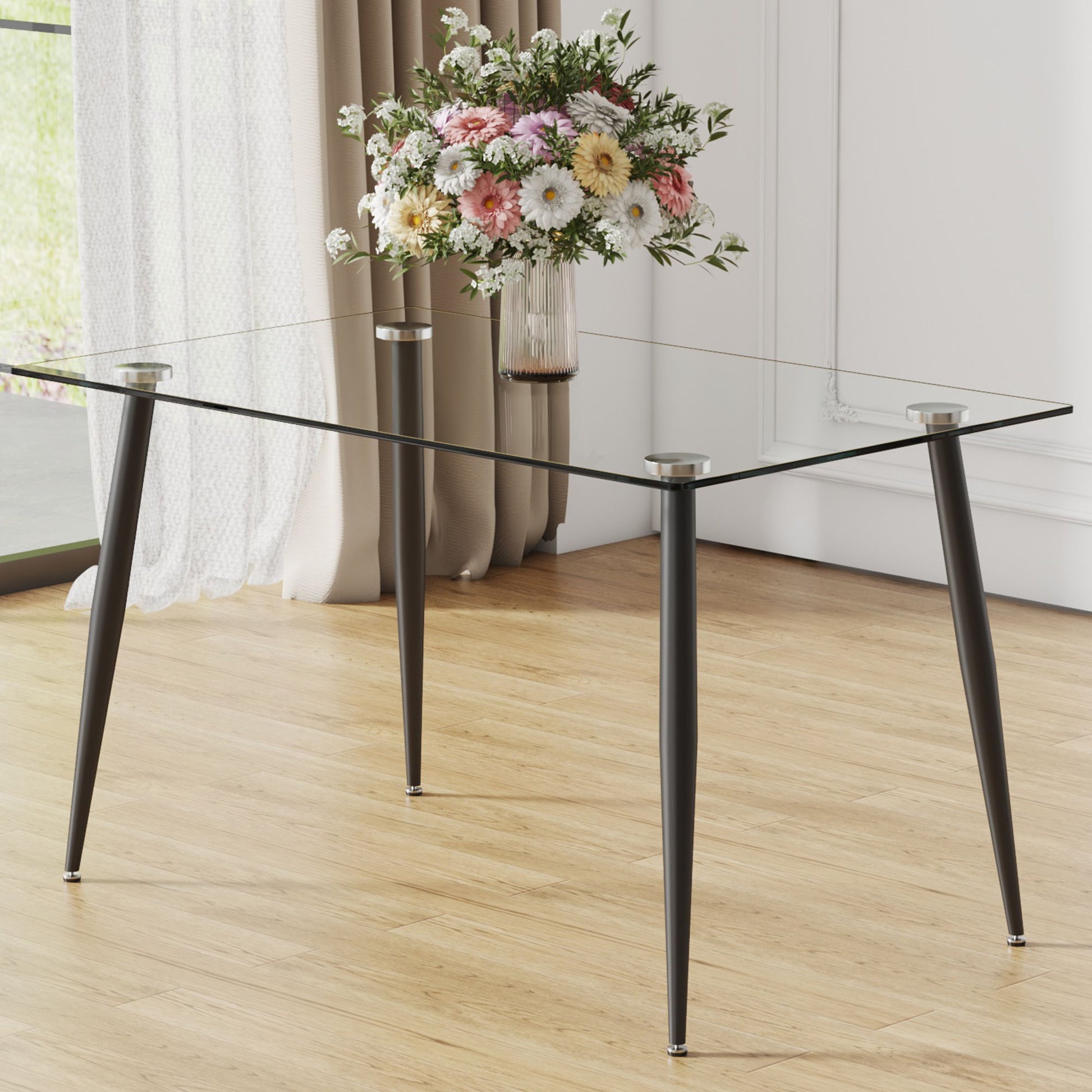 Modern Rectangular Glass Dining Table With Tempered Glass Top And Metal Legs For 4 - 6 People - Black / Transparent Home Essentials