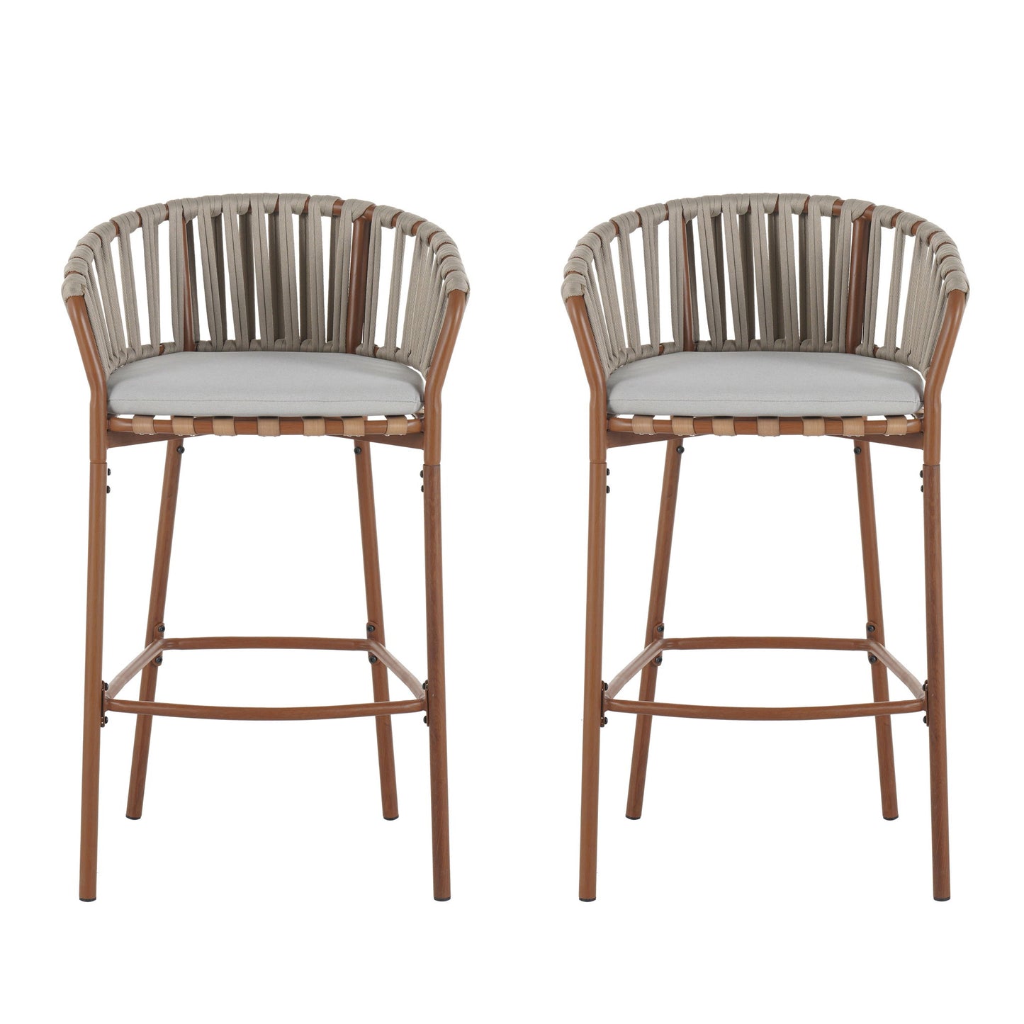Lodi - Outdoor Matal Rope Barstool, Teak / Beige (Set of 2) - Teak / Beige Noble House