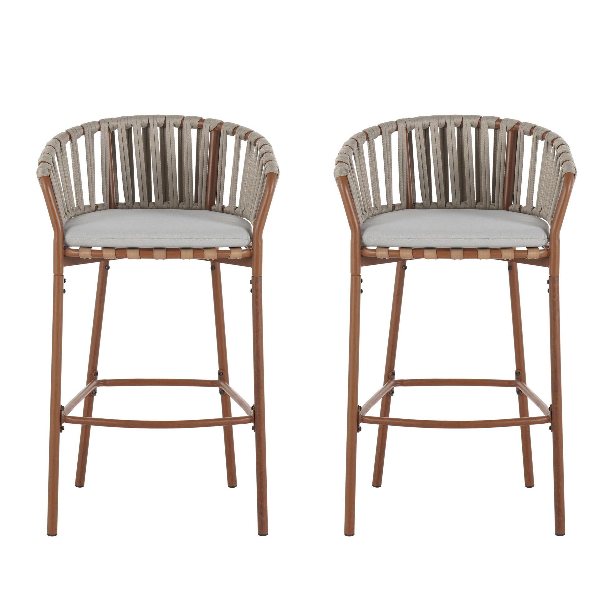 Lodi - Outdoor Matal Rope Barstool, Teak / Beige (Set of 2) - Teak / Beige Noble House