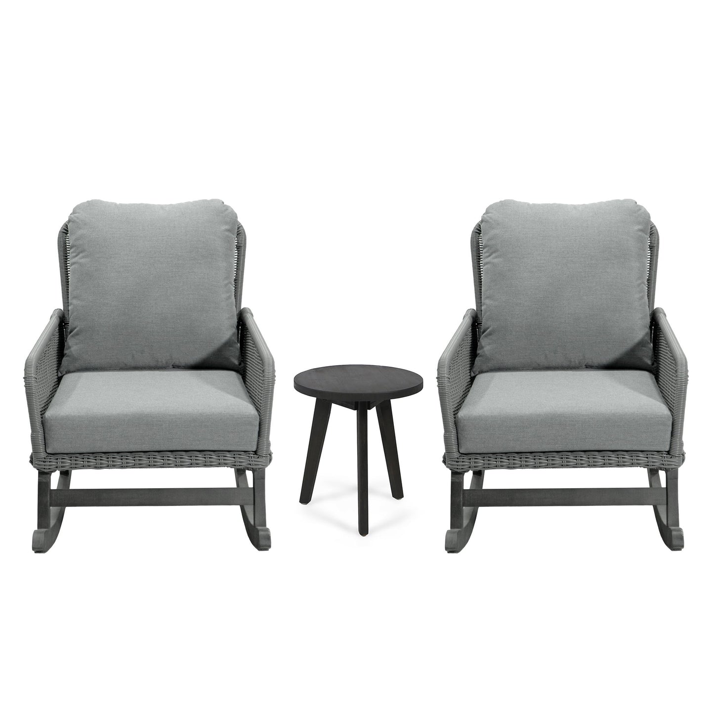 Modern 3 Piece Outdoor Seating Set With Cushioned Rattan Rocking Chairs And Wooden Accent Table Noble House
