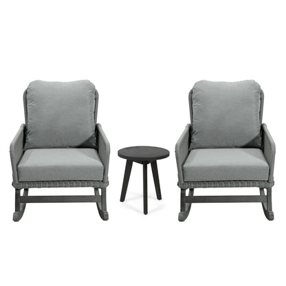 Modern 3 Piece Outdoor Seating Set With Cushioned Rattan Rocking Chairs And Wooden Accent Table Noble House