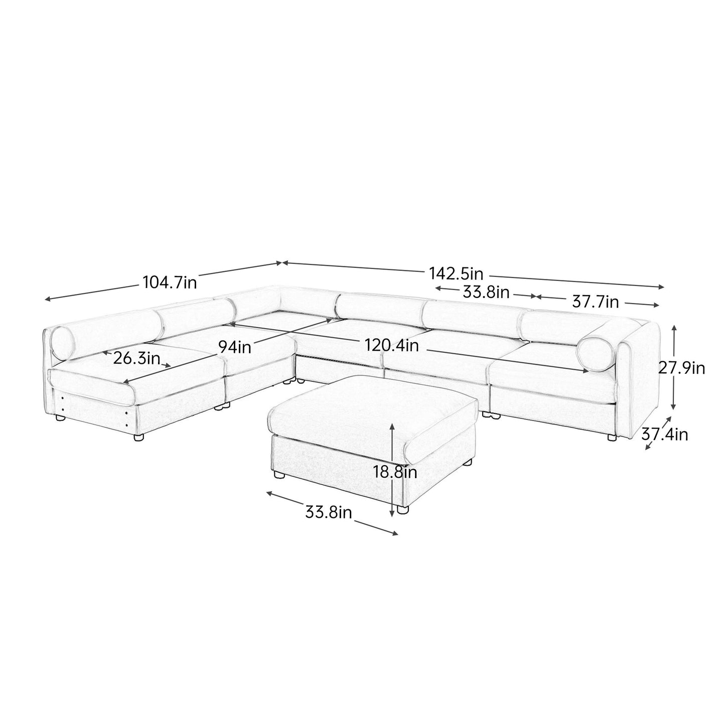 Modern Modular Sectional Sofa With Storag, Contemporary Cylindrical Design Home Essentials