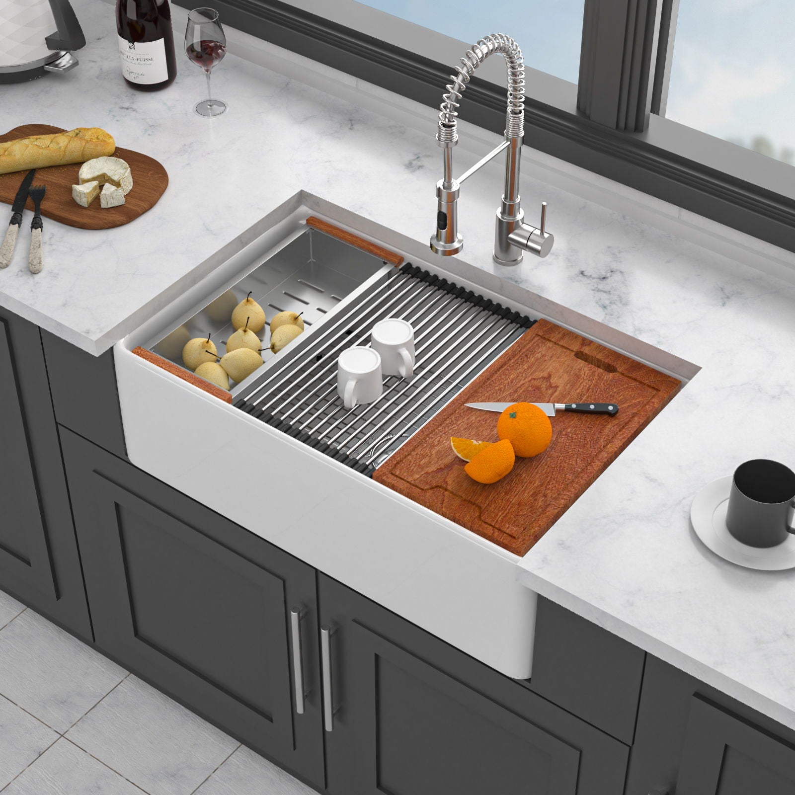 Kitchen Sink Workstation 33" Single Bowl Sink With Work Surface - White Daily Nest