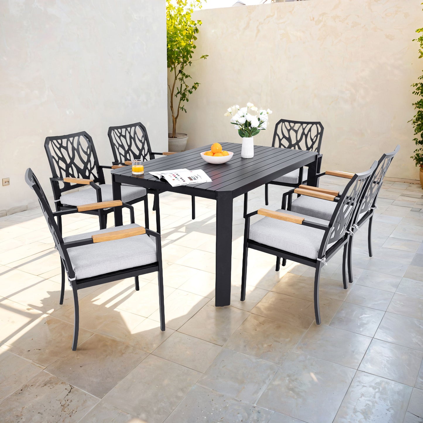 Outdoor Patio Furniture Dining Set With Sunbrella Fabric, Rectangular Table With Umbrella Hole Life Outside