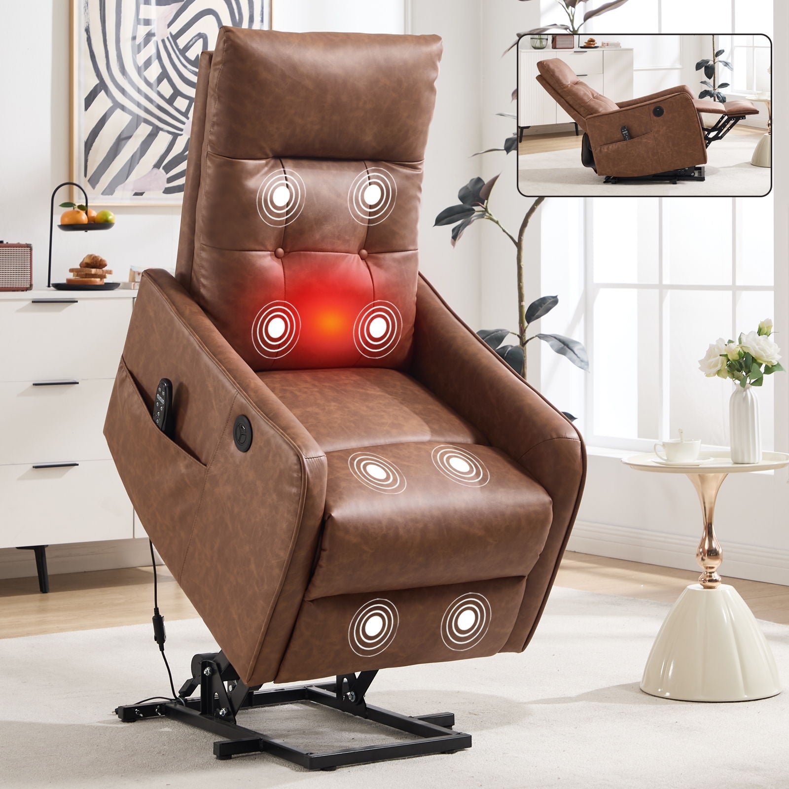 Single Motor Power Lift Recliner Chair With Massage And Heat, USB For Charging - Brown Home Essentials