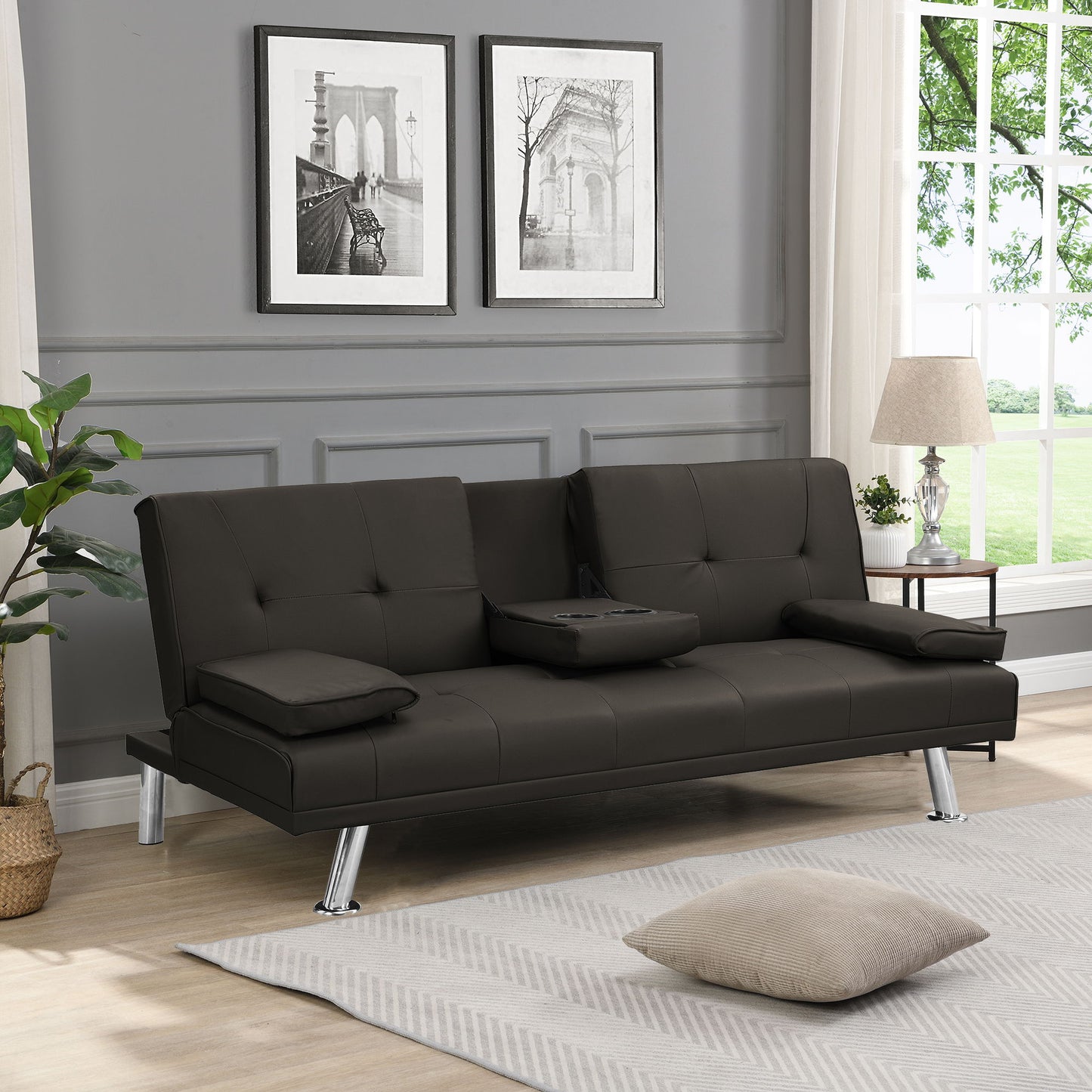 Modern Sofa Bed With Armrest 2 Holders, Wood Frame & Stainless Leg Home Essentials