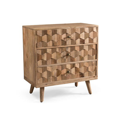 Mid Century Modern Mango Wood 3 Drawer Chest With 3D Tile Weave Design - Natural Noble House