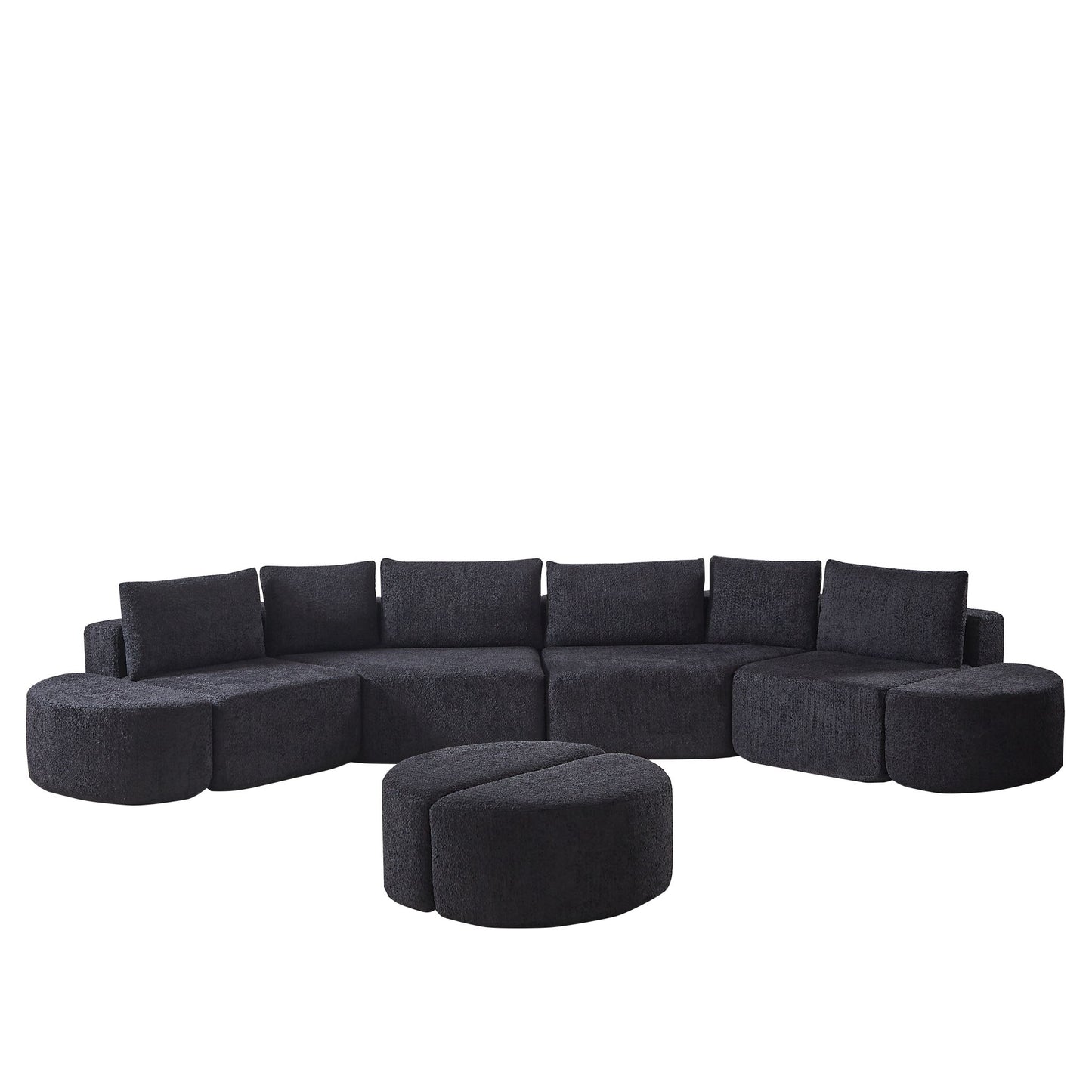 Modular Sectional Sofa With 6 Pillows And 4 Curved Footstools For Living Rooms - Black Home Essentials