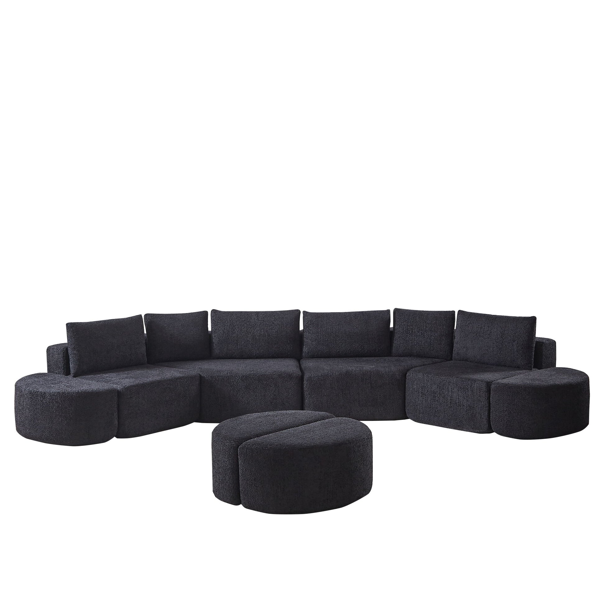 Modular Sectional Sofa With 6 Pillows And 4 Curved Footstools For Living Rooms - Black Home Essentials