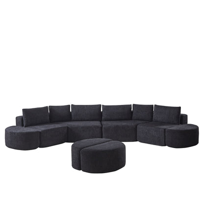 Modular Sectional Sofa With 6 Pillows And 4 Curved Footstools For Living Rooms - Black Home Essentials