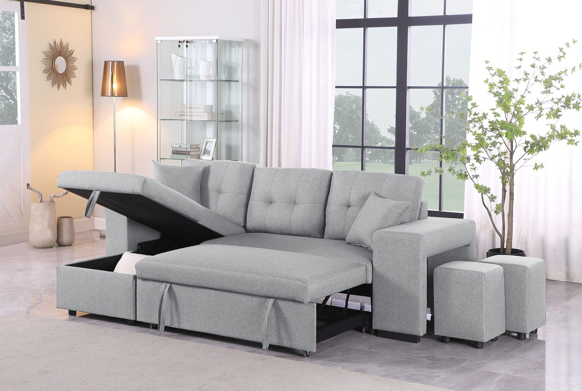 Daniel - Upholstered Reversible Sectional With Pull Out Loveseat - Light Gray Urban Retreats