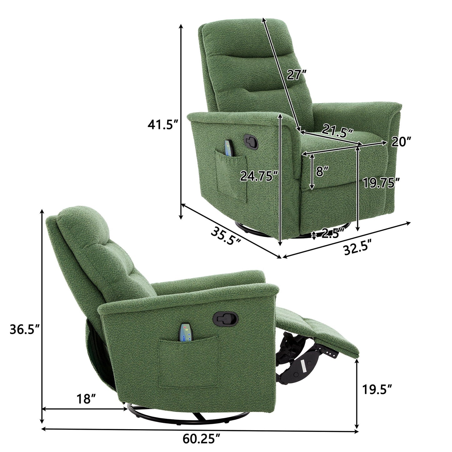 Manual Recliner Chair With 8 Point Massage And Swivel Function Noble House