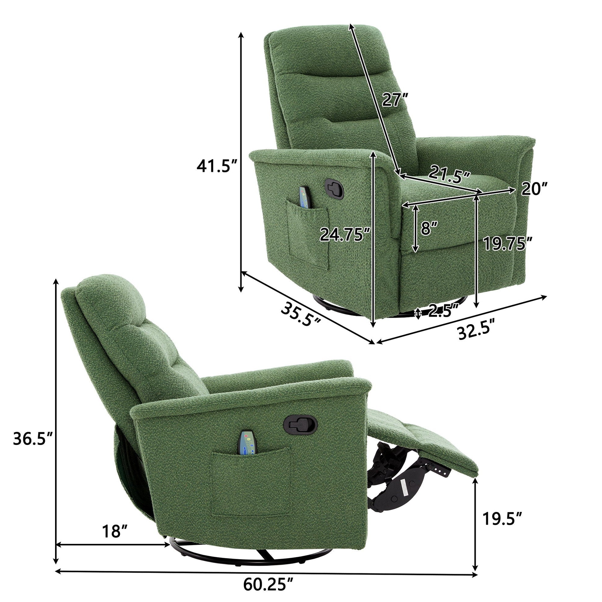 Manual Recliner Chair With 8 Point Massage And Swivel Function Noble House