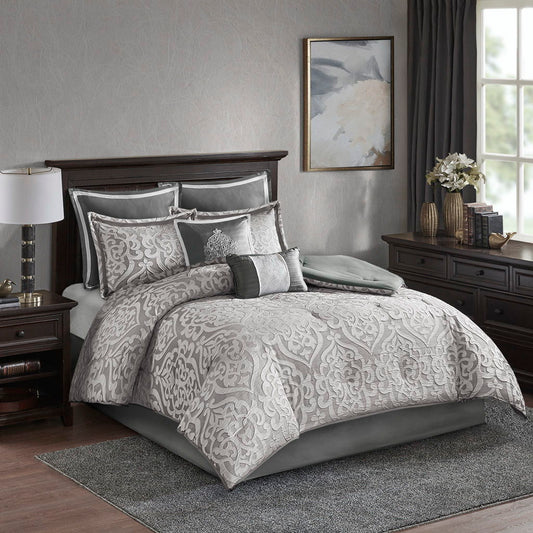Odette - Queen 8 Piece Comforter Set - Silver Madison Park