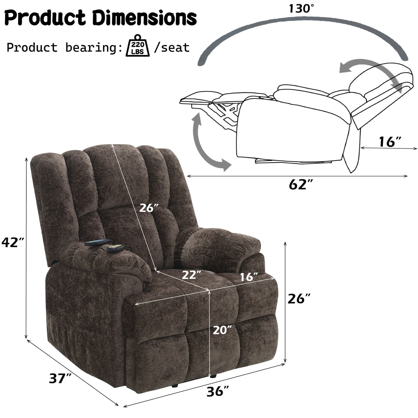 Power Motion Recliner With Lift Heating Massage Function - Brown Acme