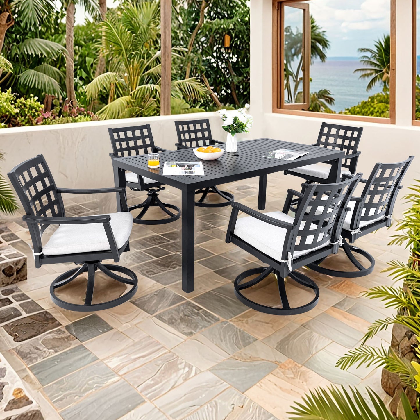 Modern Classic Outdoor Patio Dining Set, Rectangular Table & Dining Chairs, Rust Free, Weather Resistant Life Outside