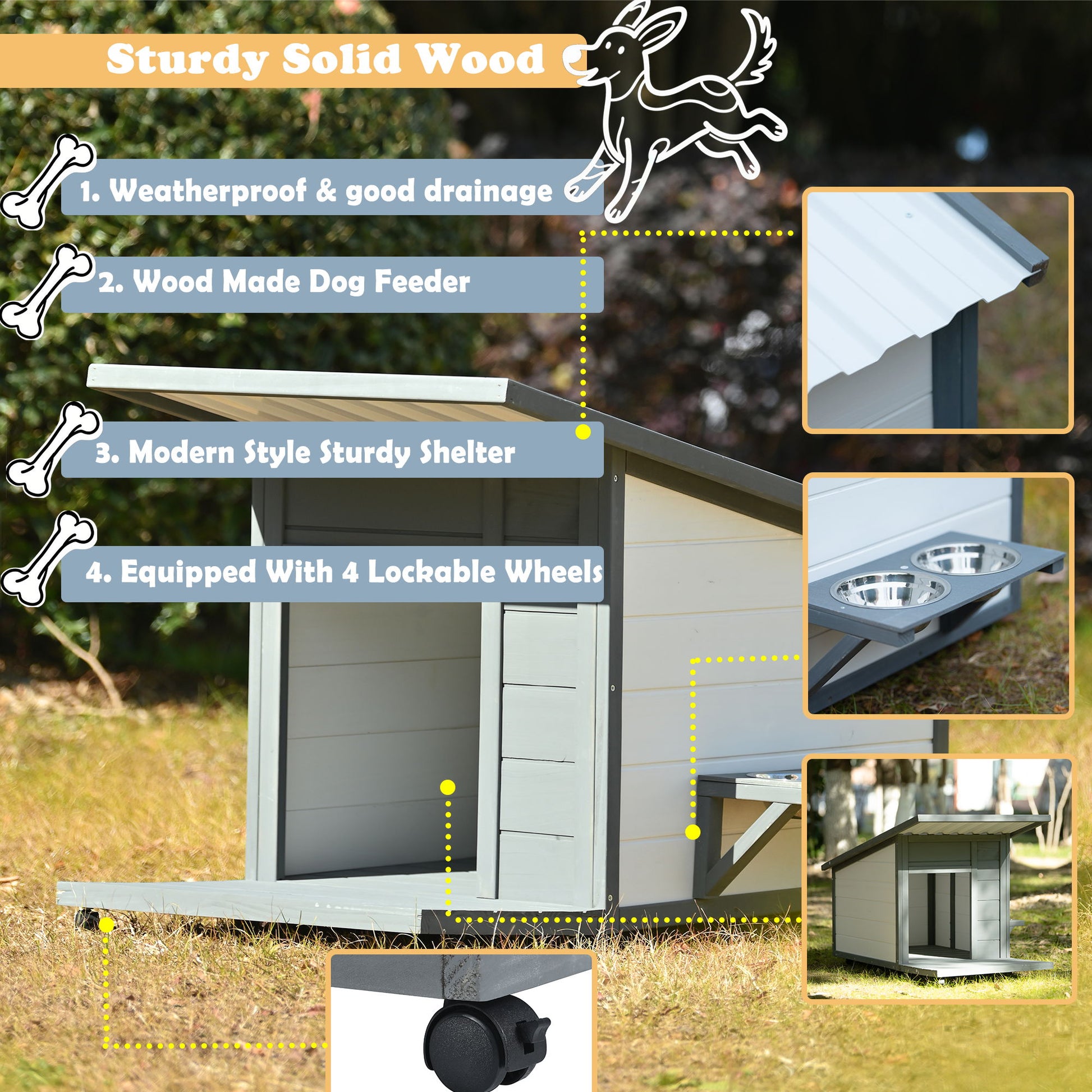 Modern Design Outdoor Dog House With Food Bowl And Wheels Pine - Gray / White Daily Nest