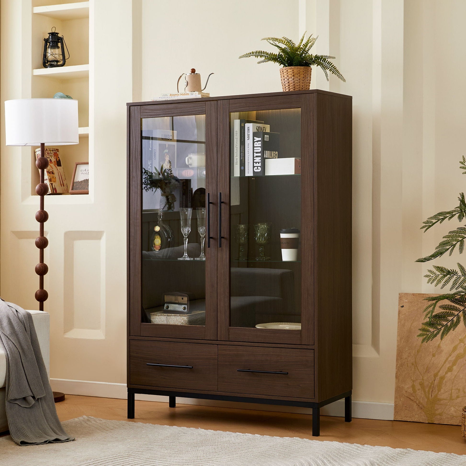 Modern Style Tall Display Cabinet With LED Lighting, Tempered Glass Door, 2 Drawers Hearth and Haven