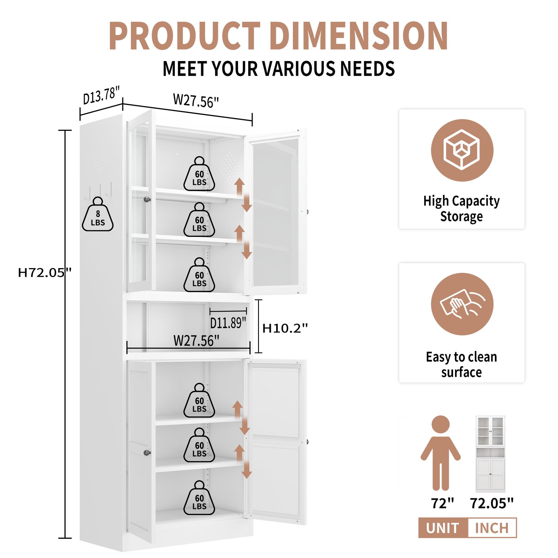 Metal Kitchen Pantry Cabinet Tall Storage With Adjustable Shelves, Heavy Duty Stainless Steel Frame - White Home Essentials