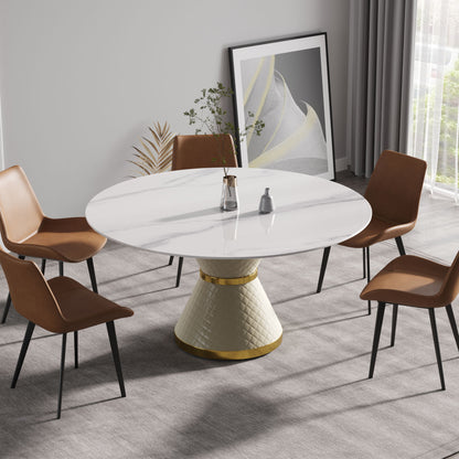 Modern Artificial Stone Round Carbon Steel Base Dining Table, Can Accommodate 6 People Home Essentials