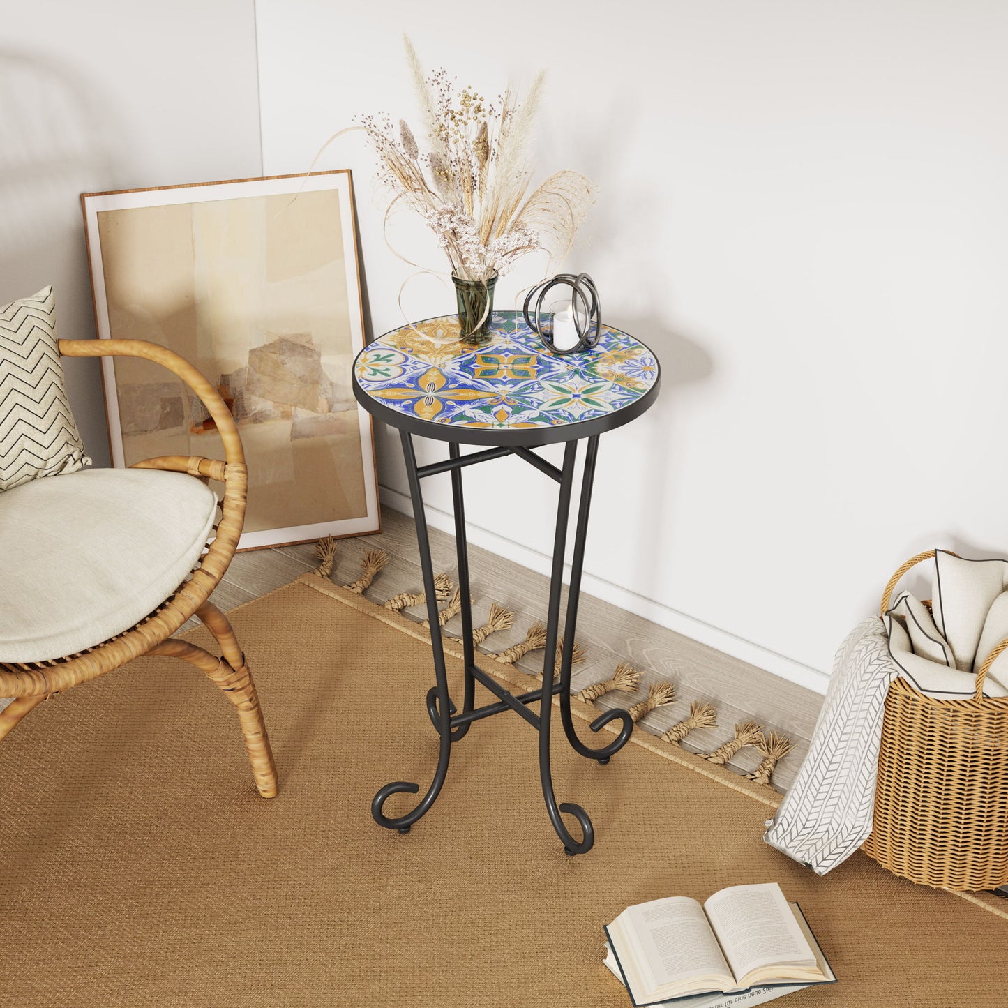 French Country Patio Side Table With Vibrant Tile Top Noble House