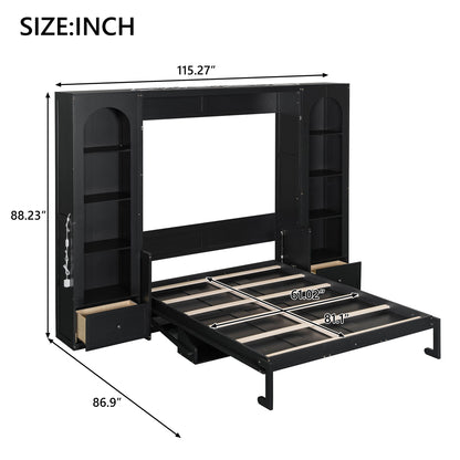 French Style Murphy Platform Bed With Shelf, Side Cabinets, Drawers And LED Hearth and Haven