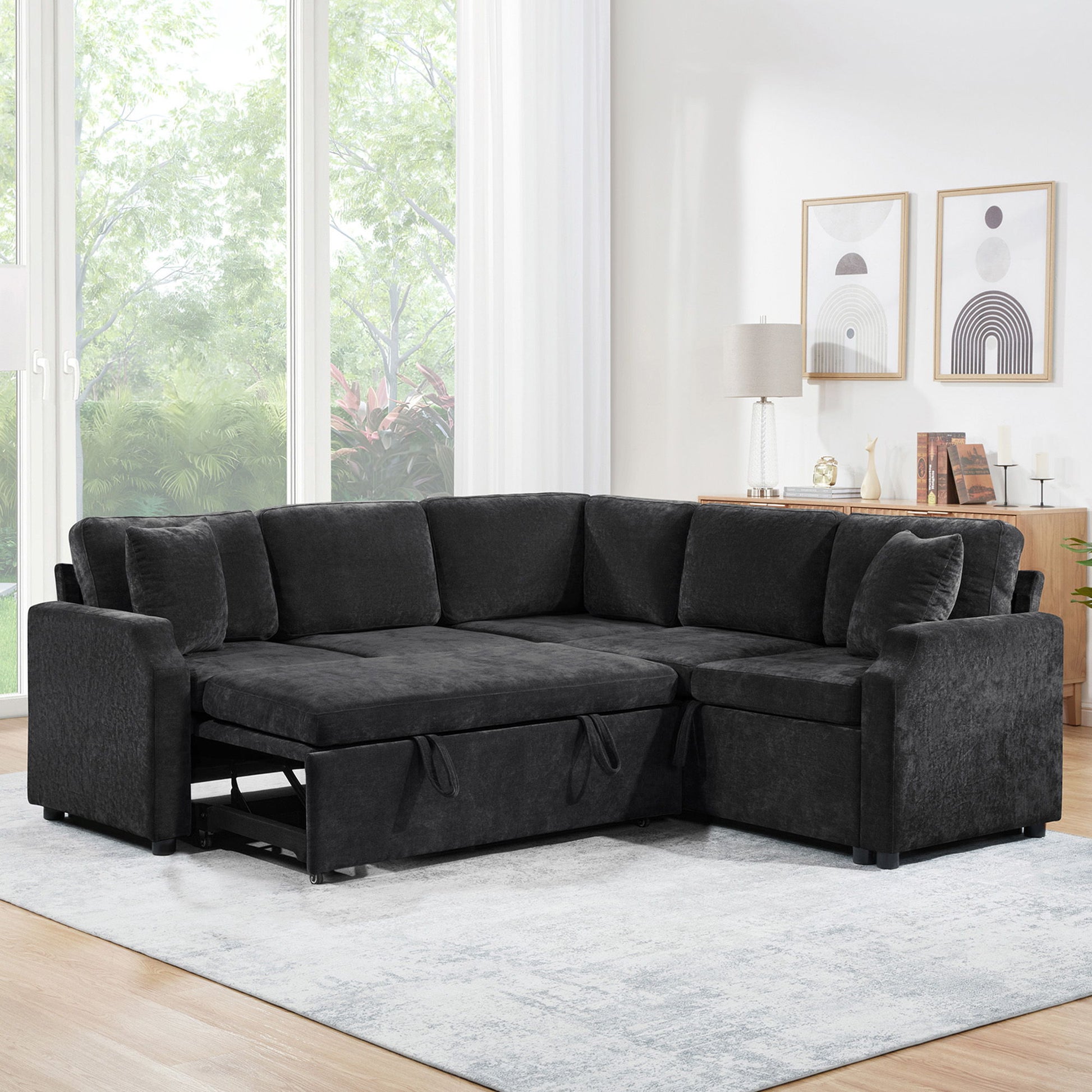 Modern L Shaped Sectional Sofa Bed With Hidden Storage Chenille Upholstery Hearth and Haven