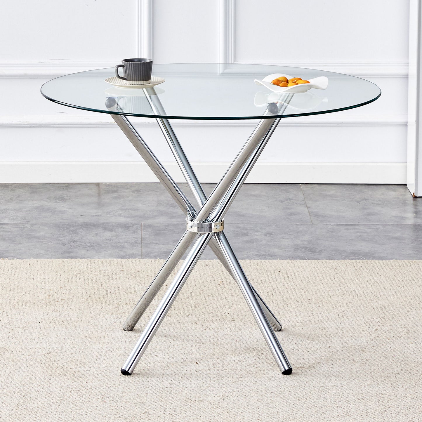 Modern Round Clear Glass Dining Table With Unique Metal Legs For 4 6 People - Silver Home Essentials