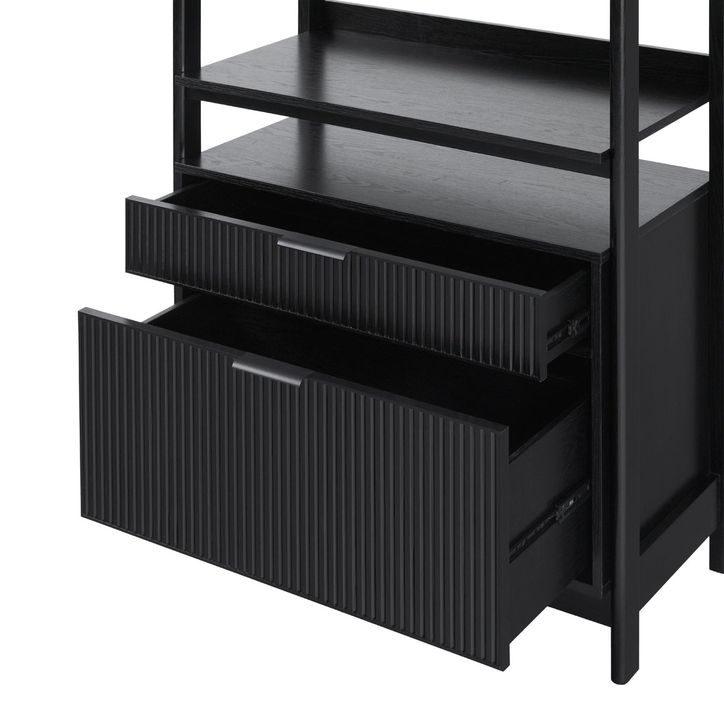 Transitional Wide Reeded Bookshelf With Drawers On Bottom