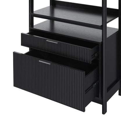 Transitional Wide Reeded Bookshelf With Drawers On Bottom