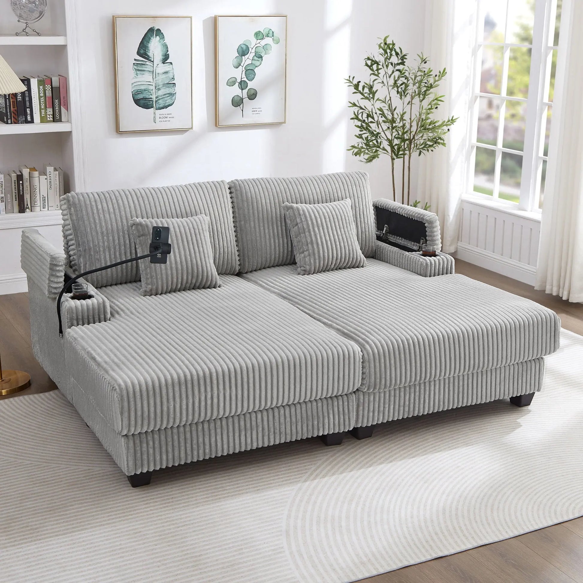 Modern Chaise Sofa With Adjustable Backrest, Cup Holders, Phone Holder & Storage Compartments For Living Room Hearth and Haven