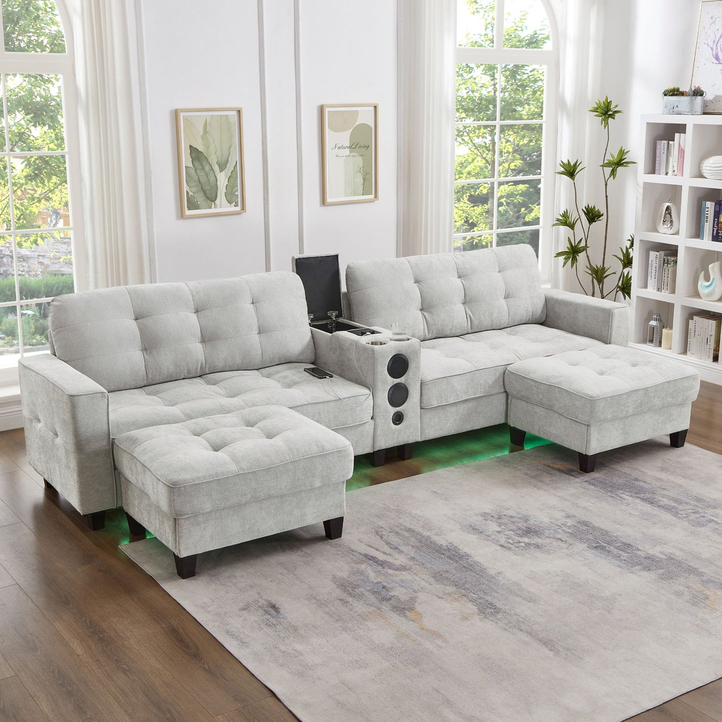Modern Sectional Sofa U-Shaped With Movable Ottomans, tooth Speakers, LED Lights And Modular Storage Hearth and Haven