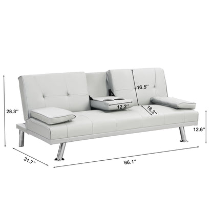 Futon Sofa Bed With Armrest Two Holders Wood Frame, Stainless Leg Home Essentials