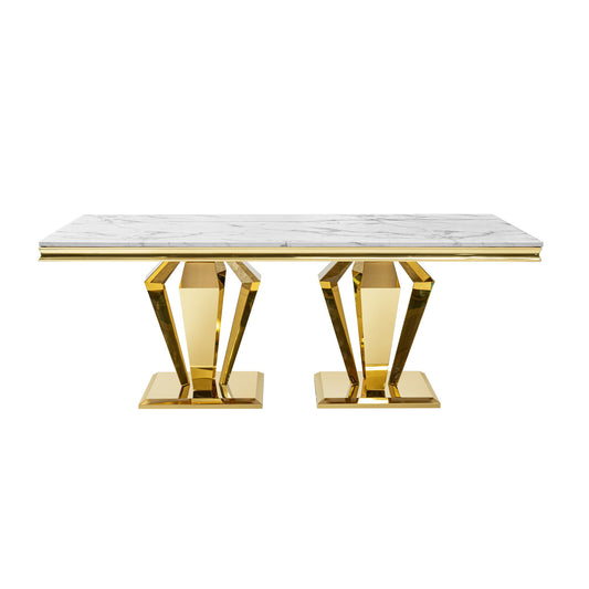 79.53 In. Elegant Marble Pattern Dining Table For 6 Or 8 Seats Polished Stainless Steel Base - Gold Home Essentials