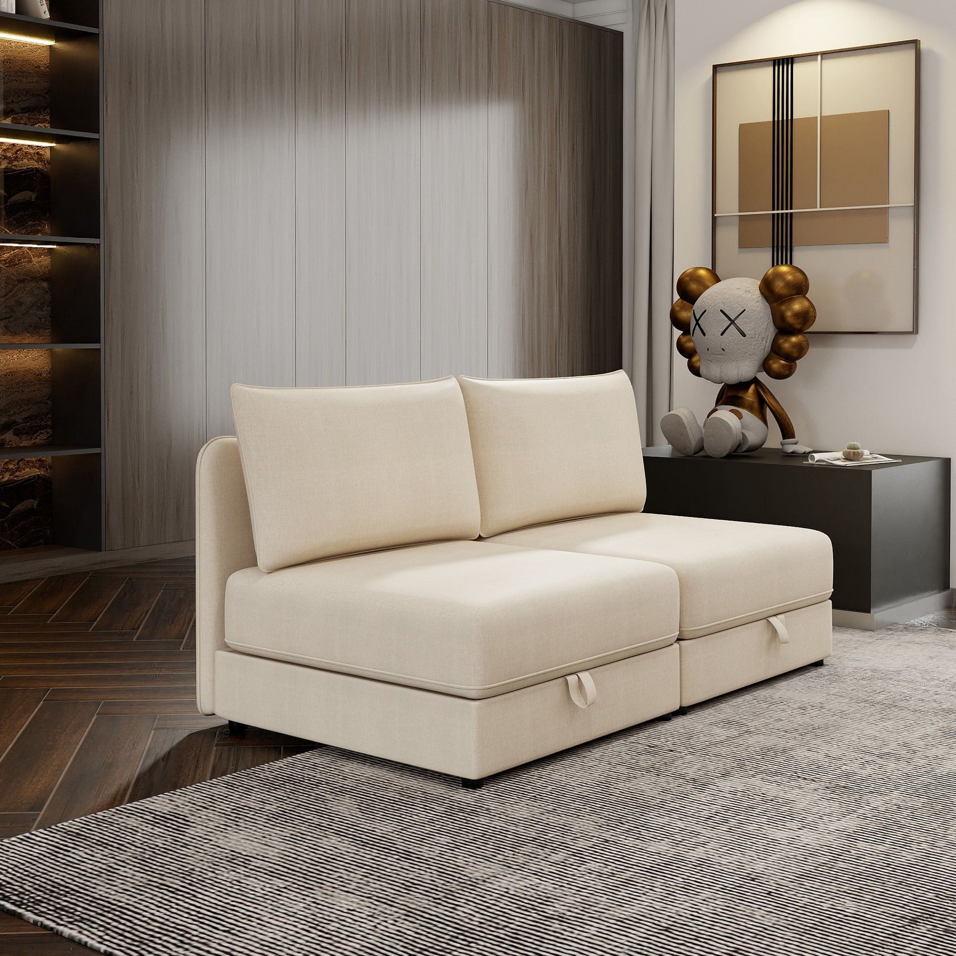 Modular Sectional Sofa With Storage, Convertible 2 Seater Sleeper Sofa - Beige Home Essentials