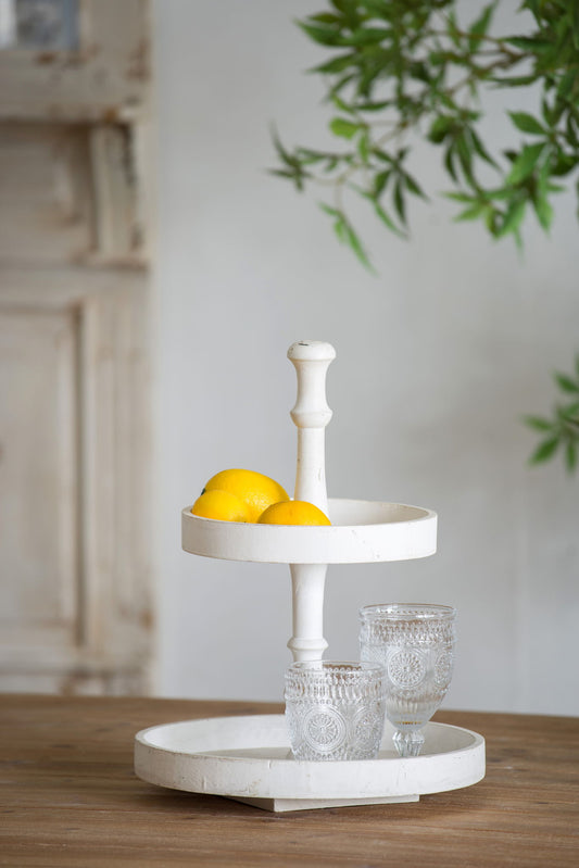Two Tiered Round Wooden Tray - White Daily Nest